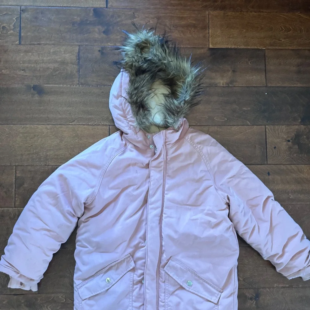Cat & Jack Girls Pink Parka Jacket Faux Fur Hood Sherpa Lined Winter Coat Size 8